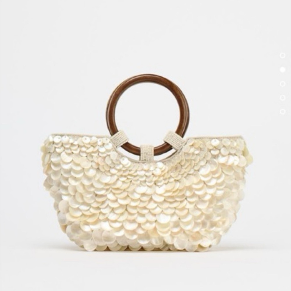 Zara Cream Sequin Wristlet with Wood Ring Handles